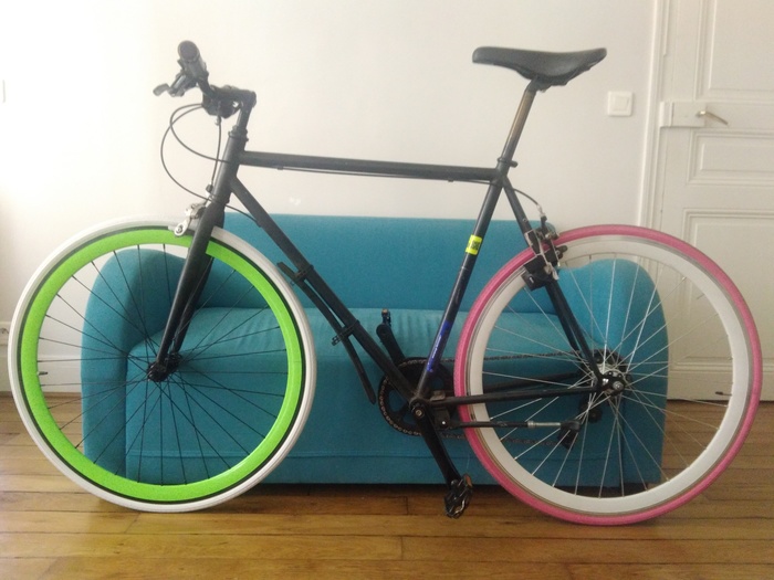 My bike with its pink rear wheel