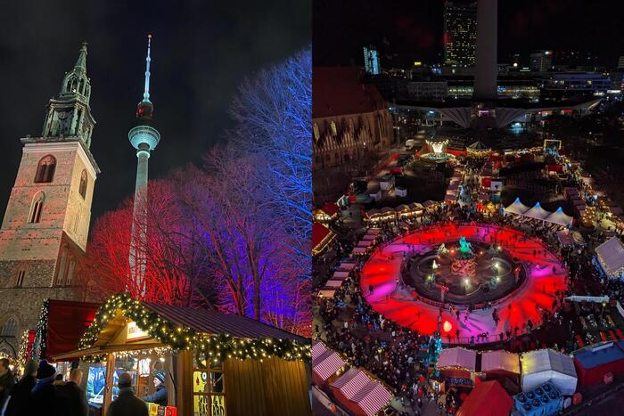 Two photos of the market at Rathaus